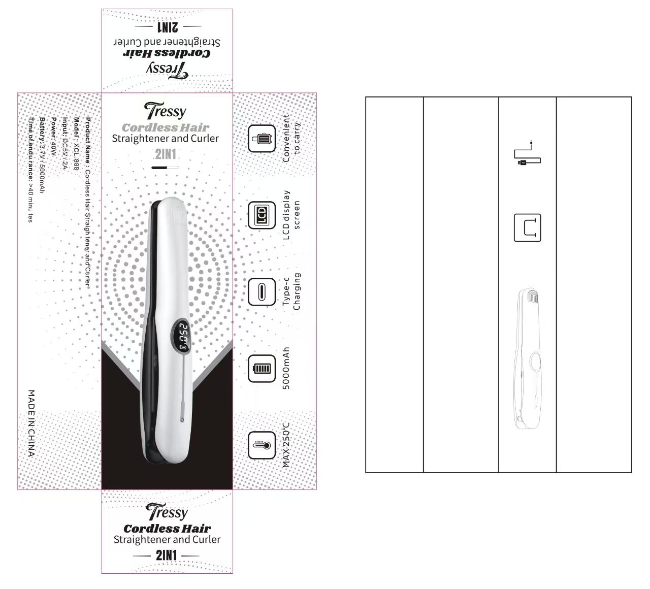 Tressy packaging dieline for the XCL-888 cordless hair straightener and curler