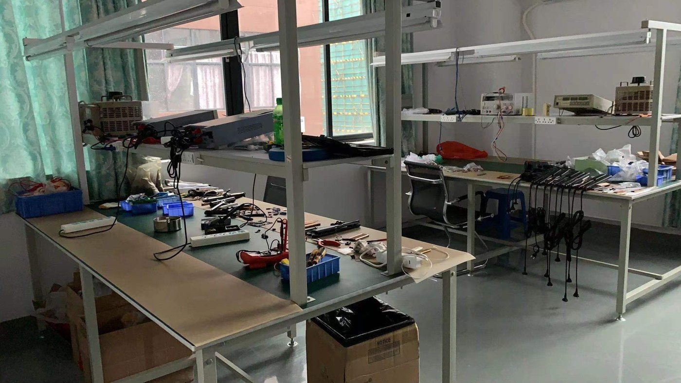 Workbenches and components in the factory workshop